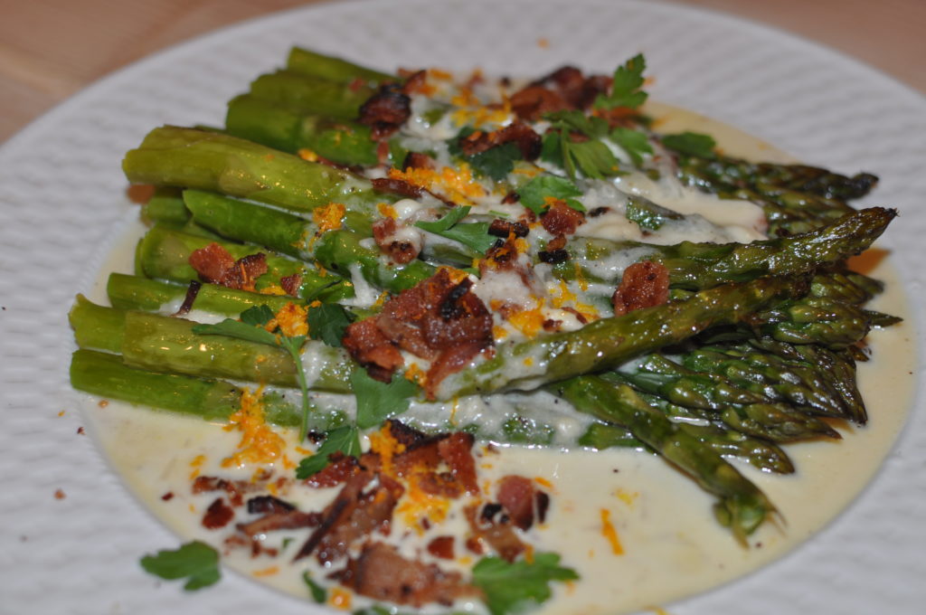 Roasted Asparagus with Brie, Bacon and Shallot Sauce by MyLifeAsRobinsWife.com