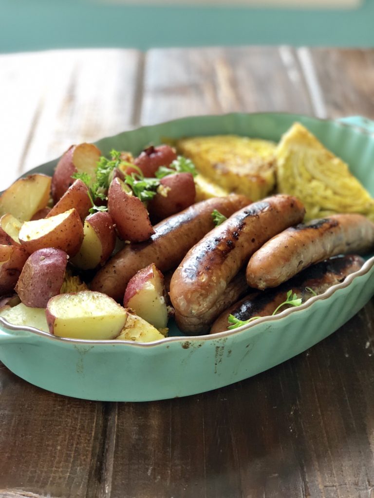 Roasted Sausages with Potatoes and Cabbage