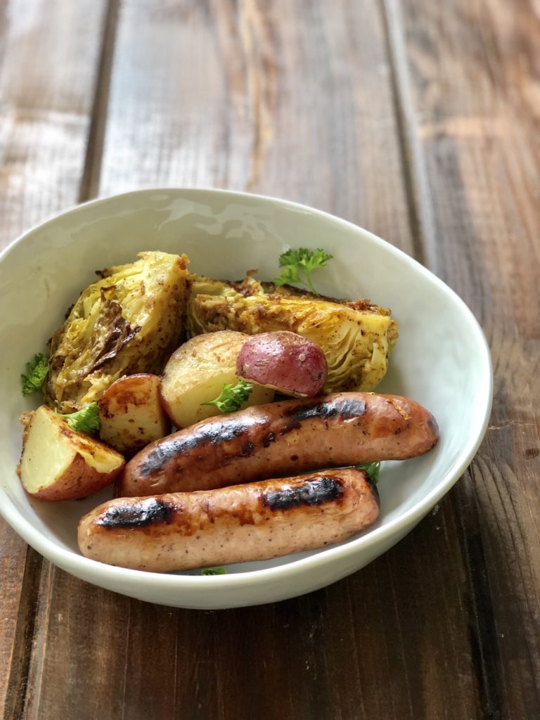 Roasted Sausages with Potatoes and Cabbage